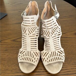 Franco Sarto Suede Peep Toe Block Heel Bootie Sandal in Grey/Tan